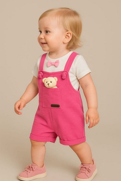 dinamik çocuk Baby Girl 2-Piece Baby Set with Teddy Bear Accessories, Holiday Salopet and Inner Badi, Monthly Summer