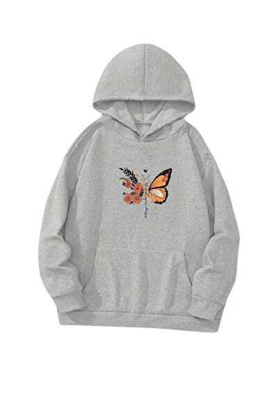 VERSCOVE Світшот з принтом метелика, кишенями-кенгуру, капюшоном, 2 нитки, се...