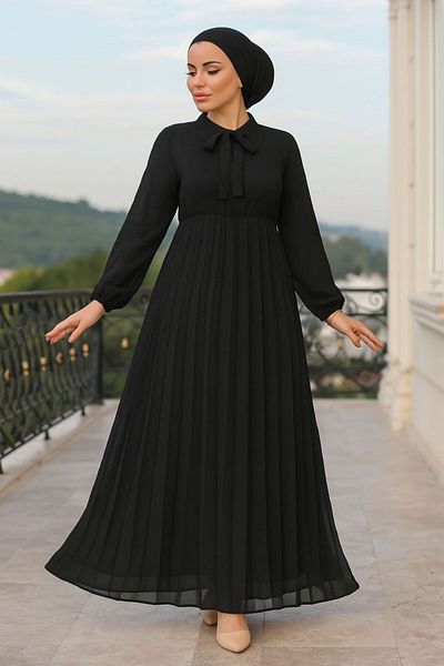 Neva Style Μαύρο Φόρεμα Hijab με Γιακά Γραβάτα 50351S