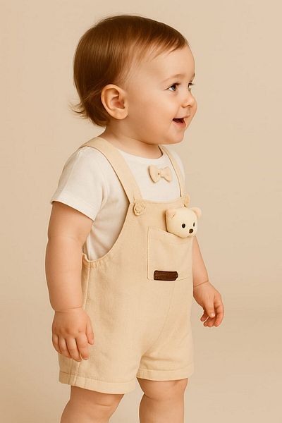 dinamik çocuk Teddy Bear Patterned Salopet and Bag with Badge for Baby Boy - 2-Piece Summer Baby Set