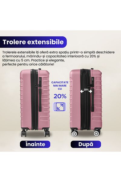 Quasar & Co. Set 3 Trolere,s/m/l,model Line, 4 Roti Maner Telescopic, Cifru, Abs, Roz Pudrat
