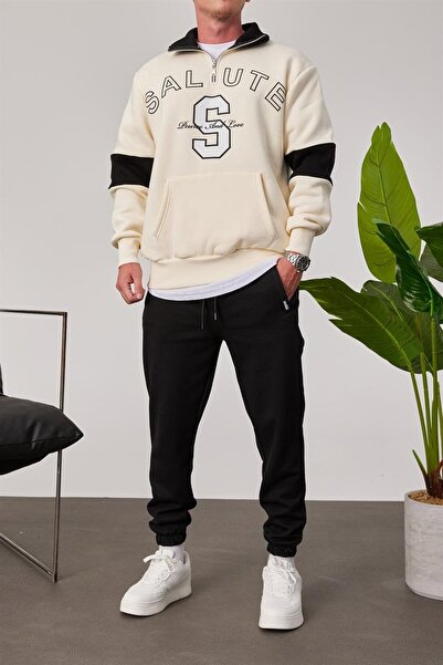 NOMARC Salute Yakası Fermuarlı Krem Sweatshirt