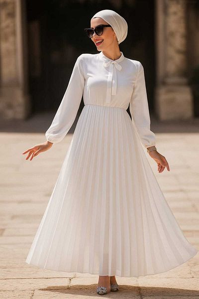 Neva Style Λευκό Φόρεμα Hijab με Γιακά 50351B
