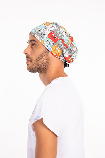 Nur Medikal Giyim Turuncu Kedi Temalı Doktor Hemşire Hastane Aşçı Cerrahi Bonesi