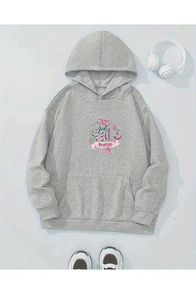 VERSCOVE Smile Flower Printed Sweatshirt Kangaroo Pocket Hooded 2 Thread Seasonal Comfortable Fit