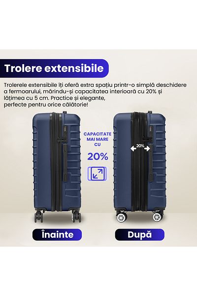 Quasar & Co. Set 3 Trolere,s/m/l,model Line, 4 Roti Maner Telescopic, Cifru, Abs, Bleumarin