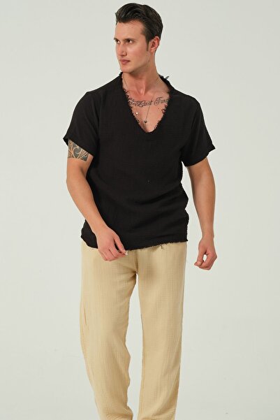 RELAXL Μαύρο T-Shirt Oversize Muslin - 100% βαμβάκι, φαρδιά λαιμόκοψη