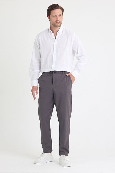 EXSPORT Men's Side Pockets, Elastic Waist, Lace-Up Belt, Relaxed Fit, Comfortable Cut Cool Fabric Trousers