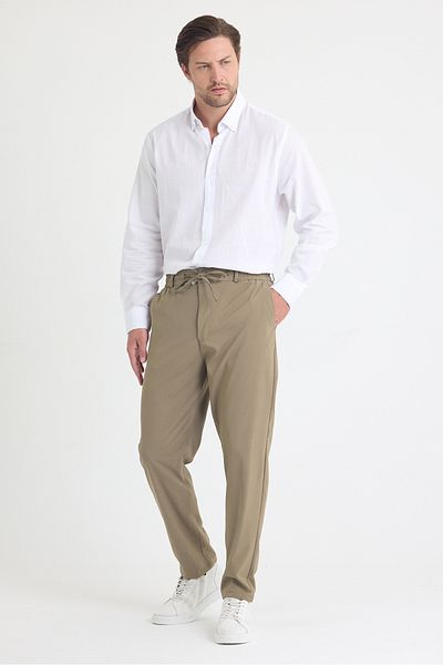 EXSPORT Men's Side Pockets, Elastic Waist, Lace-Up Belt, Relaxed Fit, Comfortable Cut Cool Fabric Trousers