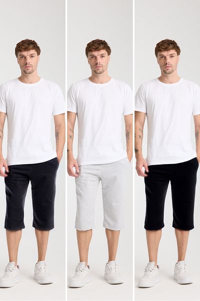 VERSCOVE Men's Capri Size 3-Pack Advantage Package Side Pockets Lace-Up Waist Basic Bermuda Combed Cotton Shorts