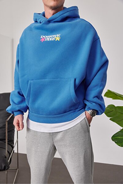 NOMARC Hanorac albastru Positive Vibes cu glugă