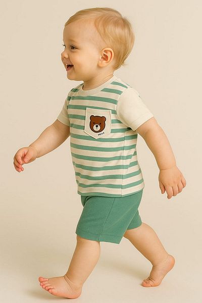dinamik çocuk Baby Boy Striped Pocket Teddy Bear 2-Piece Summer Suit Top and Bottom 6-9-12Months