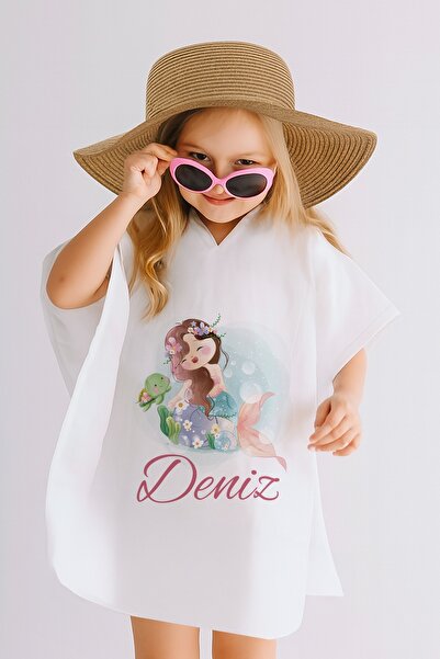 Lilabio İsme Özel %100 Pamuk Müslin Kapüşonlu Kız Çocuk Panço Bornoz Çiçek Çe...