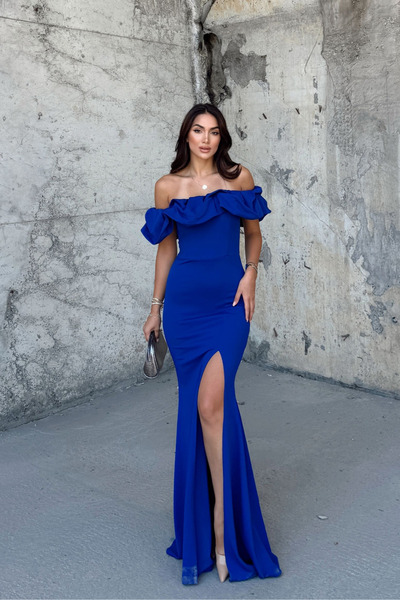 Mekafashion Katre Yaka Fırfırlı Yırtmaçlı Abiye 582834