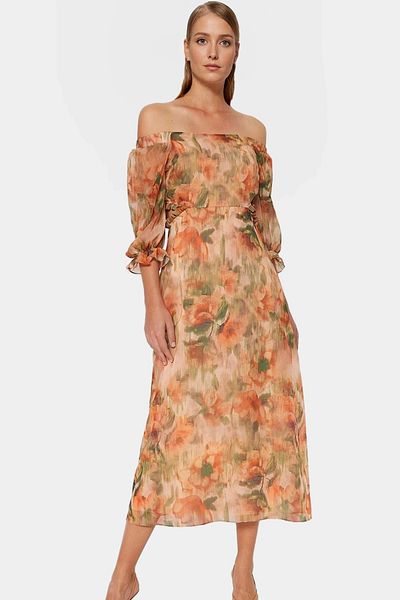 PayBuy Maxi Chiffon Dress Floral Pattern a Line Three Quarter Sleeve Without Belt Long Lasting Trend Design