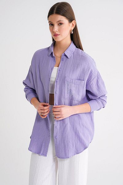 Mixray 3833 Women's Oversize Pocket Muslin Shirt Violet