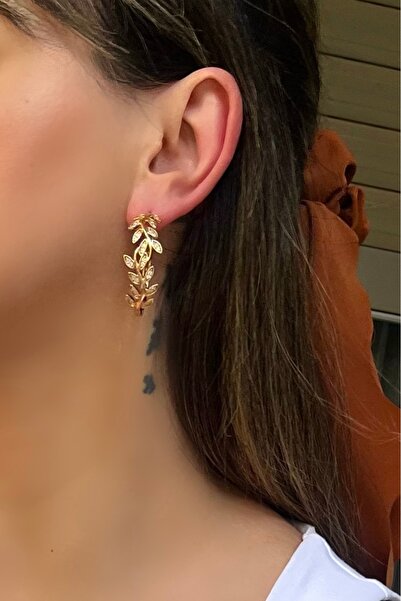 Tasarım Dal Yapraklı Çelik Halka Küpe