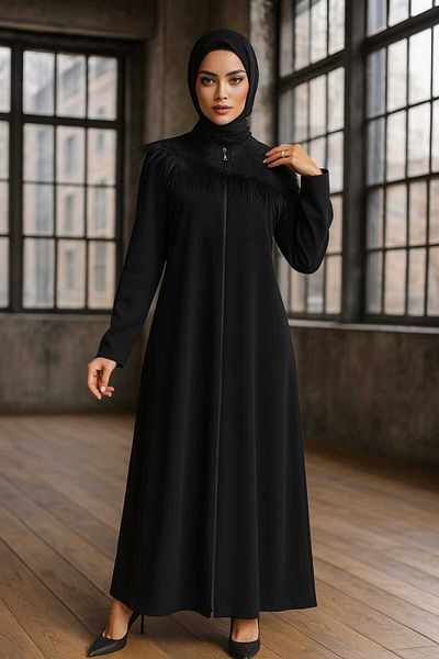 Neva Style - Black Hijab Ferace with Feather Detail 10103S