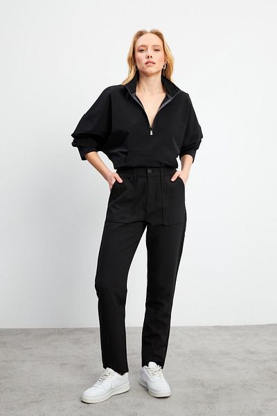 VENA Women's Norah Black Smart Gabardine Trousers with Elastic Waist