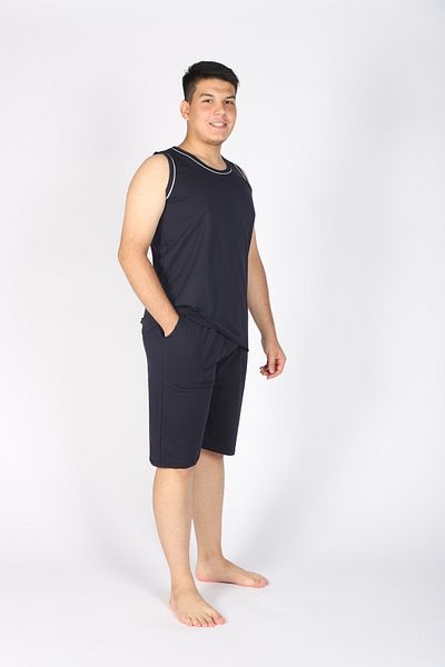 Lio20 Men's 100% Cotton Combed Cotton Sleeveless T-Shirt and Shorts Set – Summer-Sports-Home Comfort-Casual-Beach–Navy Blue