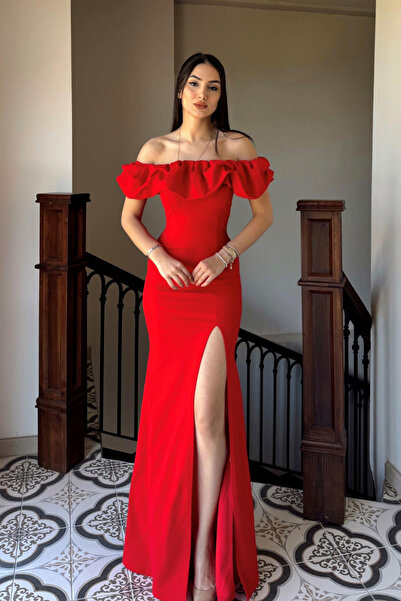 Mekafashion Katre Yaka Fırfırlı Yırtmaçlı Abiye 582834 KIRMIZI
