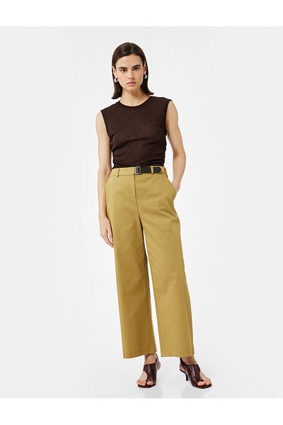 Koton High Waist Wide Leg Baggy Trousers with Half Belt Detail and Pockets