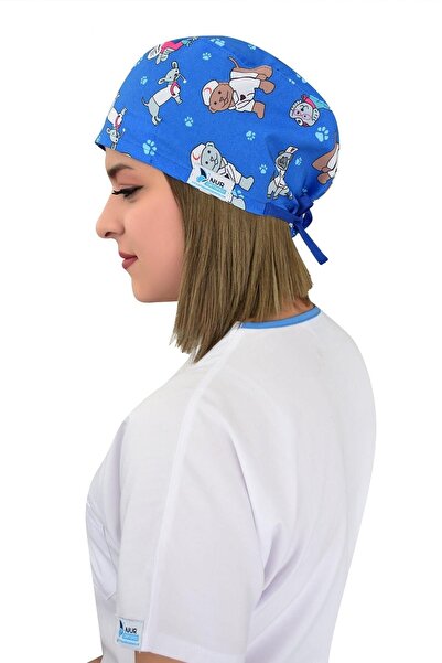 Nur Ortopedi Doktor Hastane Hemşire Bonesi Mavi Köpekler Desenli Cerrahi Bone...