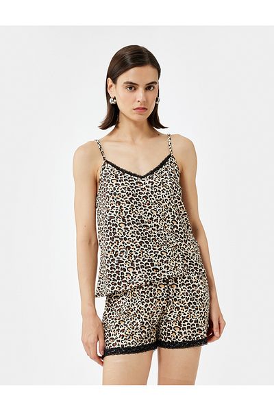 Koton Top de pijama cu bretele cu decolteu în V din dantelă cu imprimeu leopard
