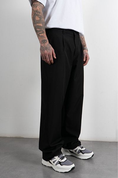 UKHWD SUPPLY Wide Leg Pleated Black Retro Men's Fabric Pants