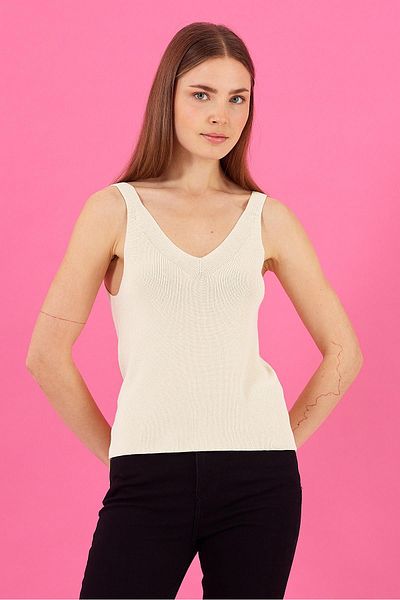 VENA V-Neck Knitwear Top - Women's, Bone Thick Straps, Bella