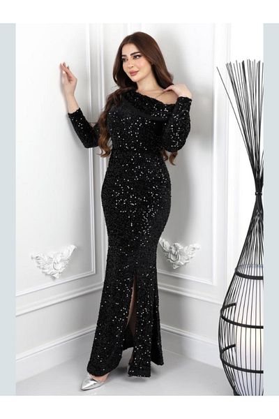 Nice Model Elegant Long Black Beaded Dress Sleeveless Crepe Satin Formal Evening Gown Women Plus Size