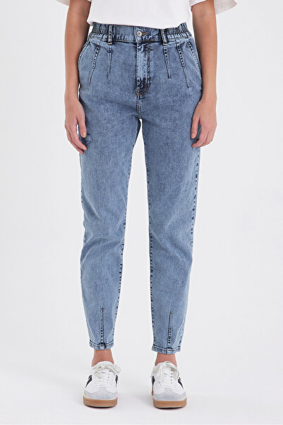 VENA Norah Med Blue Frayed Detailed Elastic Waist Jeans - Med Blue