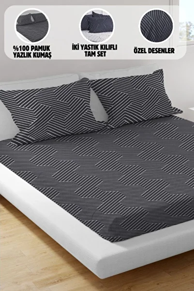Leruum London Double Personality Elastic Striped Bed Sheet Dark Navy White Striped Cotton Bed Sheet Set of 2 Pillowcases