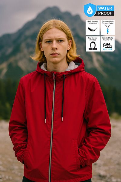 BESSA Men's Red Raincoat Seasonal Water Repellent Fabric Hooded Zipper Pocket Mesh Inner Design