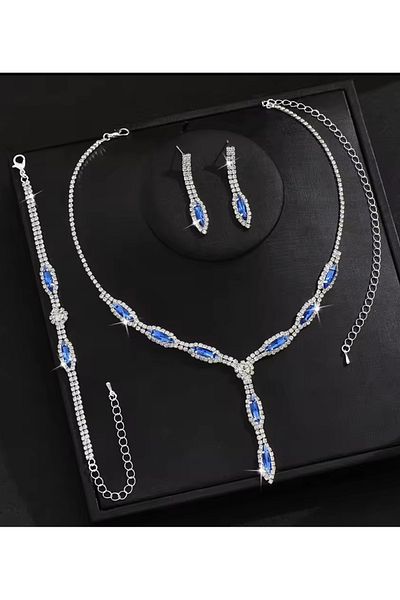 Mihra Aksesuar Necklace Earrings Bracelet Triple Set Blue Stone