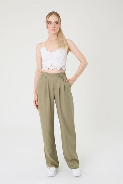 Hazel Women's Khaki Linen Buttoned High Waist Palazzo Pants