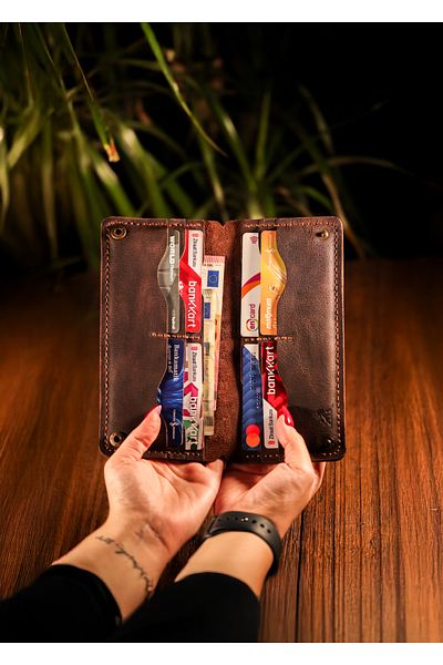 Derimoda Genuine Leather Handmade Long Wallet with Phone Compartment Men Women Vintage Wallet