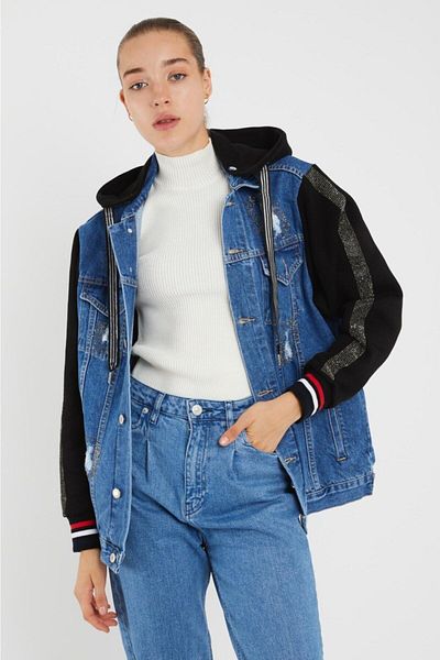 XRAY JEANS Jachetă de blugi largi neagră cu glugă Garnished Stone pentru femei
