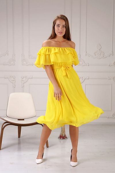 MACFLY Women's Yellow Carmen Collar Flounce Chiffon Dress