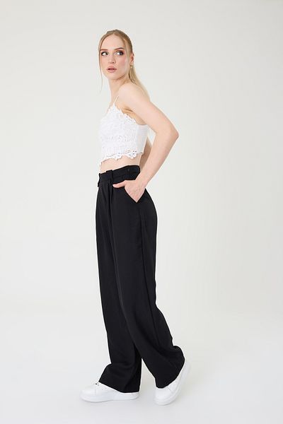 Hazel Women's Black Linen Buttoned High Waist Palazzo Pants