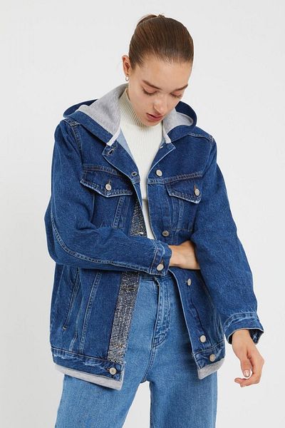 XRAY JEANS Women's Oversize Stoned Hooded Gray Loose Denim Coat