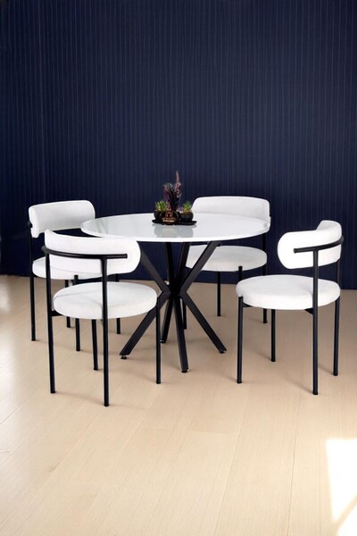 Kaktüs Avm 4 Sandalye 1 Adet 90 Cm Çap Masa Teddy Pufuduk Kumaş Salon Mutfak Balkon