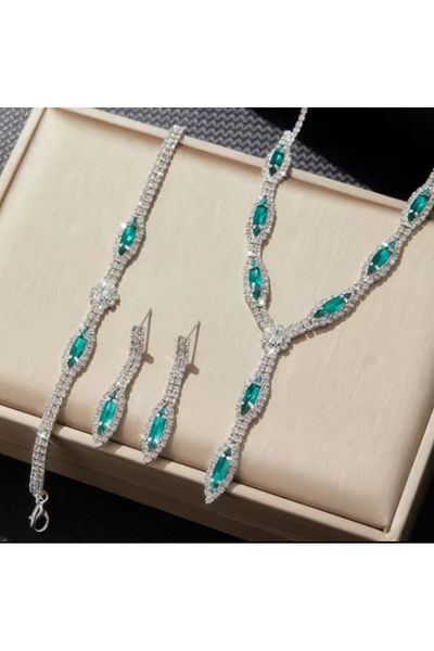 Mihra Aksesuar Necklace Earrings Bracelet Triple Set Green Stone