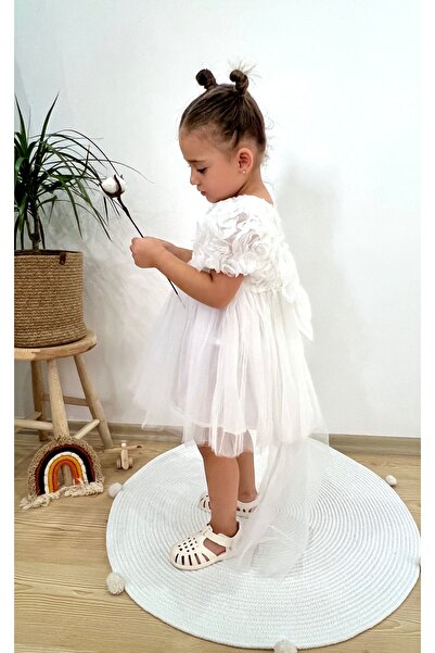 2kids2mom Kız Bebek Beyaz Elbise Kısa Kollu Fiyonklu Doğum Günü Parti Düğün Özel Gün Tüllü Astarlı Prenses Par