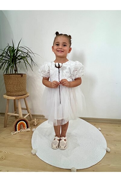 2kids2mom Kız Bebek Beyaz Elbise Kısa Kollu Fiyonklu Doğum Günü Parti Düğün Özel Gün Tüllü Astarlı Prenses Par