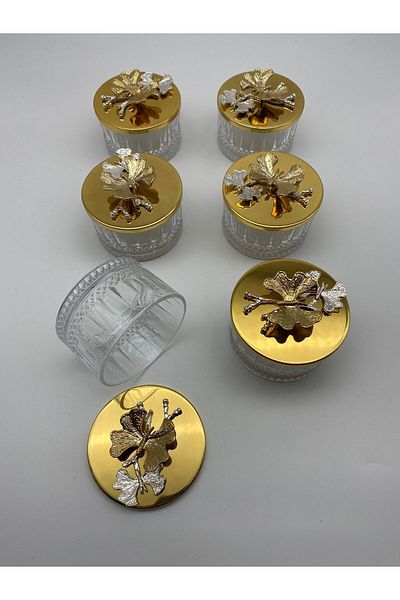 Fiyakalı Ürünler Atölyesi 6-Piece Gold Covered Drop Glass Dessert, Ice Cream Bowl, Snack Bowl, Jam Bowl, Dowry Bowl, Presentation Bowl