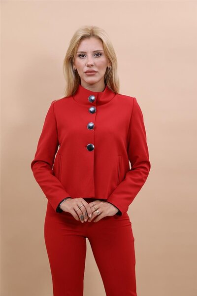 ÖNDER ÖZSOY Boydan Düğmeli Mini Ceket-Kırmızı