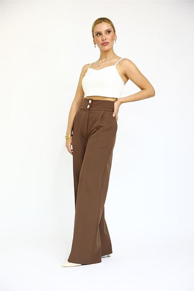 ÖNDER ÖZSOY High Waist and Pleated Chestnut Colored Wide Leg Trousers