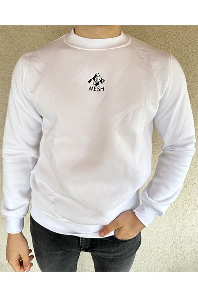 Mesh Men's White Cotton Winter Crew Neck Premium Sweatshirt Embroidered Soft Relaxed Fit