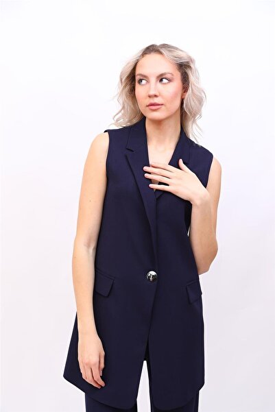 ÖNDER ÖZSOY Men's Collared Single Button Long Vest-Navy Blue